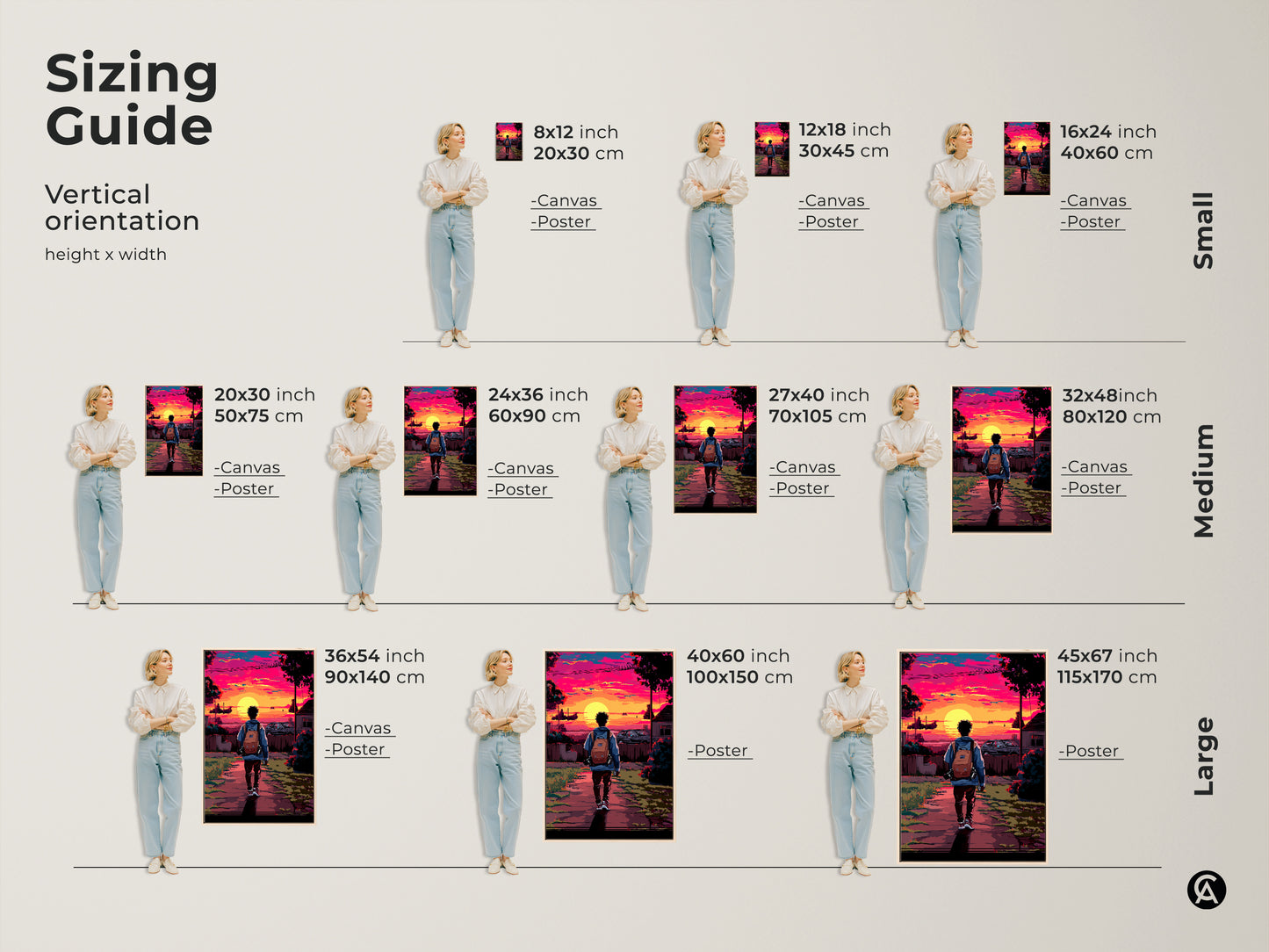 Sizing Guide for Pixel Art Urban Sunset Prints. This retrofuturism art is available as canvas or poster. Sizes range from small to large. Find the perfect fit for your wall decor needs now.
