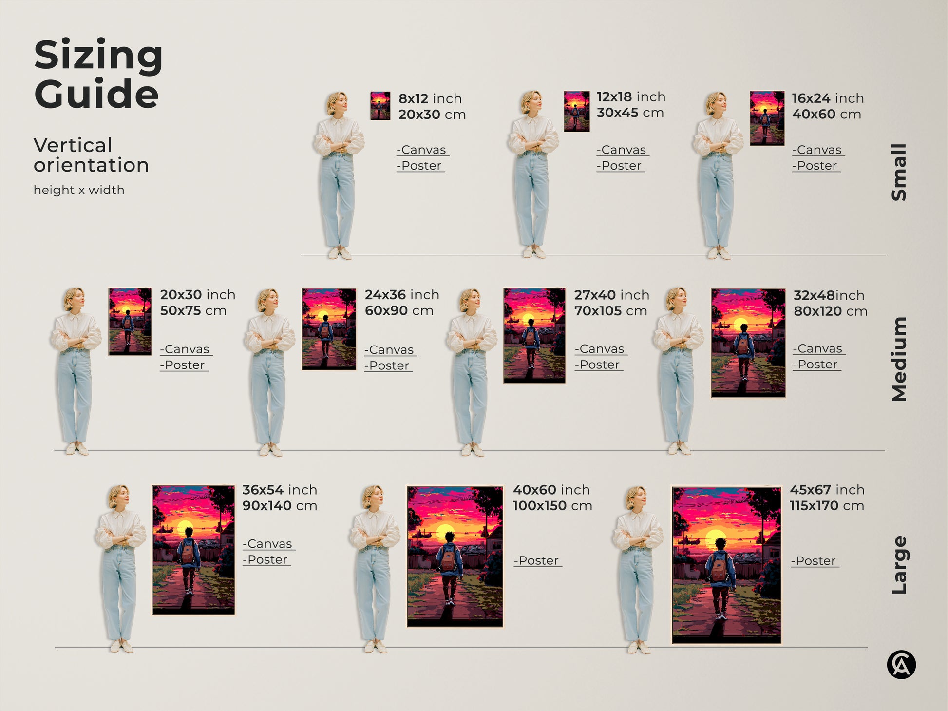 Sizing Guide for Pixel Art Urban Sunset Prints. This retrofuturism art is available as canvas or poster. Sizes range from small to large. Find the perfect fit for your wall decor needs now.