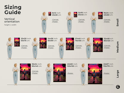 Sizing Guide for Pixel Art Urban Sunset Prints. This retrofuturism art is available as canvas or poster. Sizes range from small to large. Find the perfect fit for your wall decor needs now.