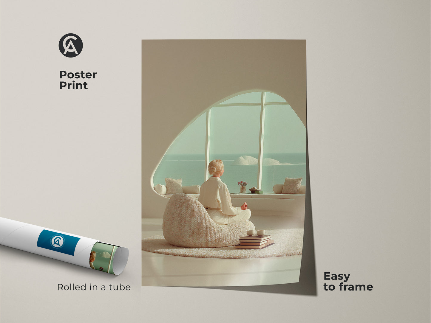 Easy to frame Poster Print of a minimalist woman meditating. The Zen yoga wall art canvas showcases a beige teal ocean view. Rolled in a tube this art is Scandinavian decor.