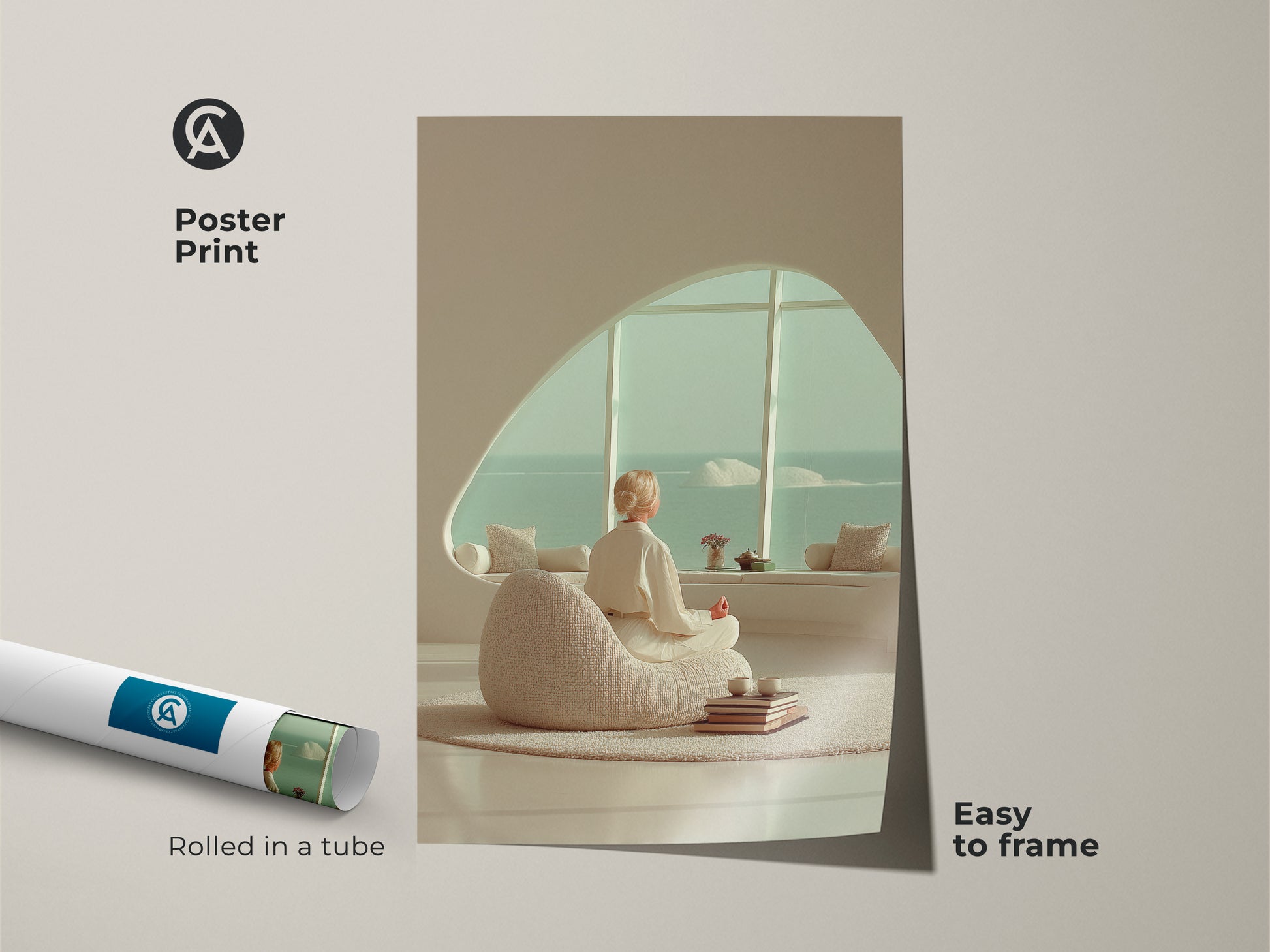 Easy to frame Poster Print of a minimalist woman meditating. The Zen yoga wall art canvas showcases a beige teal ocean view. Rolled in a tube this art is Scandinavian decor.