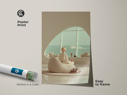 Easy to frame Poster Print of a minimalist woman meditating. The Zen yoga wall art canvas showcases a beige teal ocean view. Rolled in a tube this art is Scandinavian decor.