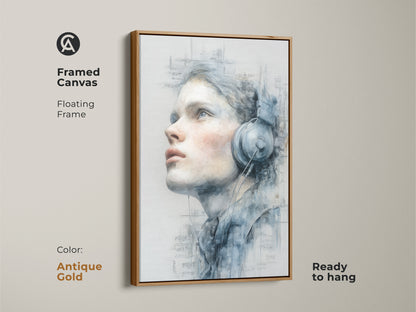 Antique gold framed canvas art of a woman with headphones. The floating frame adds a touch of vintage charm. This ready-to-hang artwork brings musical expression to your home. Discover framed art today.