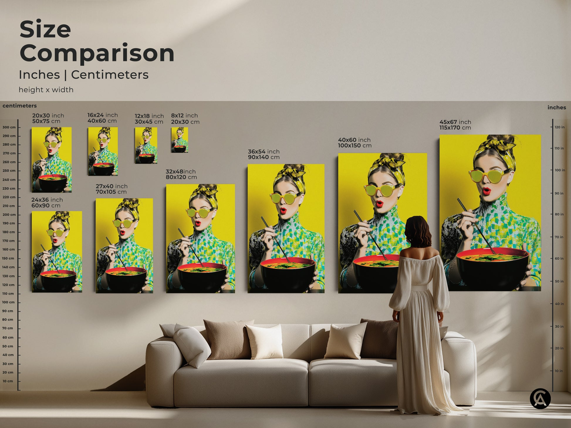 Pop art canvas print of a woman with noodles & retro sunglasses. This yellow teal kitchen wall artwork is a foodie fashion gift. The eclectic style adds a vibrant touch to any home decor. Perfect for art lovers.