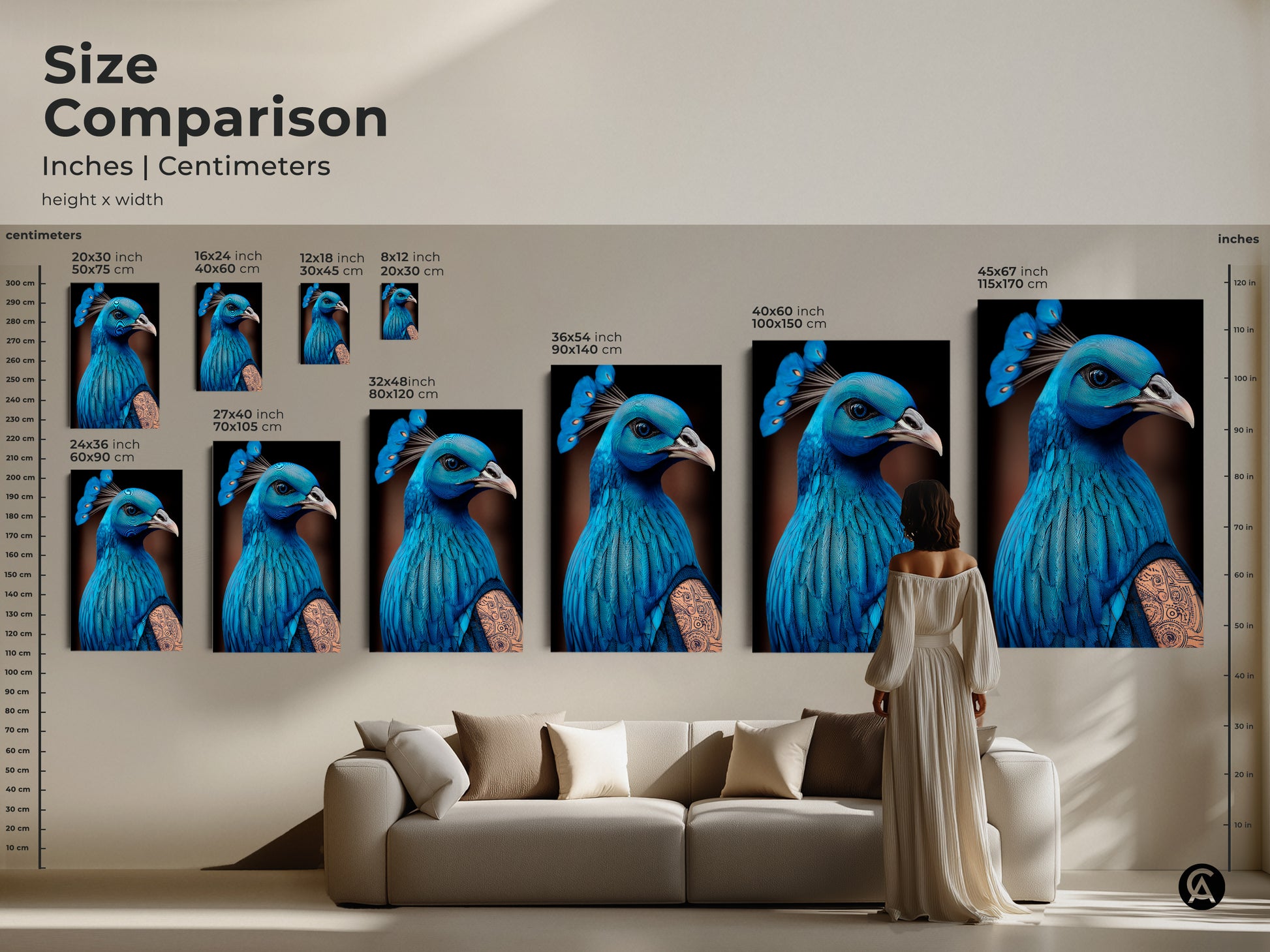 A size comparison of the surreal peacock artwork. Inches and centimeters are visible for the canvas and poster prints. See how this eclectic animal art fits above a sofa. Electric blue tattoo style bird art that transforms any space.