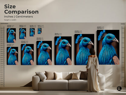 A size comparison of the surreal peacock artwork. Inches and centimeters are visible for the canvas and poster prints. See how this eclectic animal art fits above a sofa. Electric blue tattoo style bird art that transforms any space.
