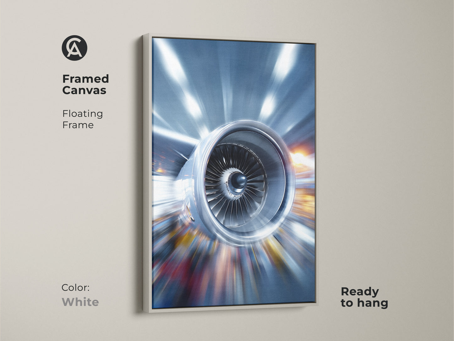 Modern abstract jet engine art on a framed canvas with a white floating frame. The industrial technology wall print features metallic blue and silver tones. A sleek and contemporary piece this artwork is perfect for any space. Ideal for technology enthusiasts.