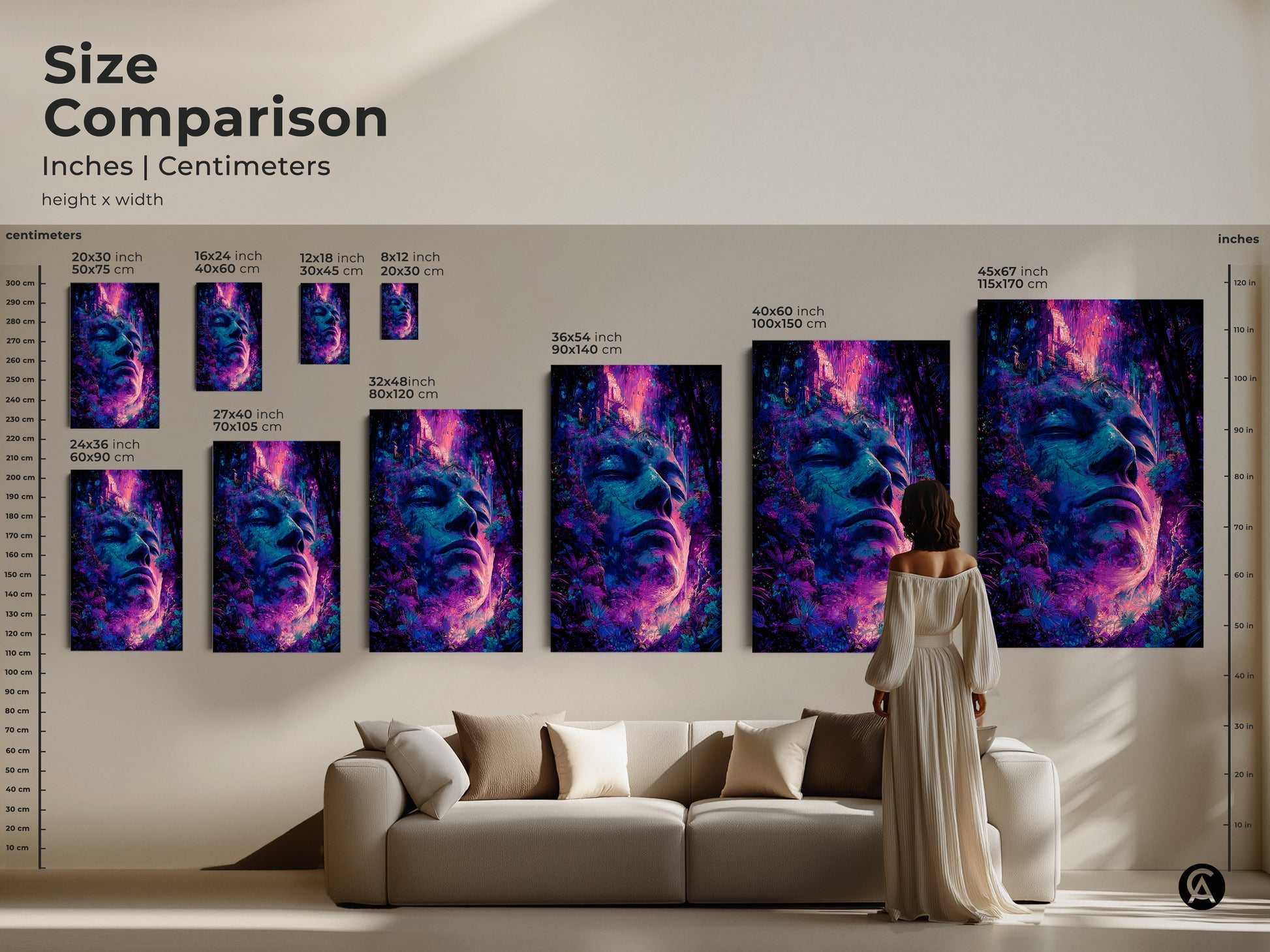 Size comparison of serene face and jungle art prints. See how different sizes look above a sofa. Available in inches and centimeters. Choose the ideal size for your space. Transform your living room with this modern art piece. The artwork features vibrant colors.