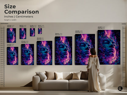 Size comparison of serene face and jungle art prints. See how different sizes look above a sofa. Available in inches and centimeters. Choose the ideal size for your space. Transform your living room with this modern art piece. The artwork features vibrant colors.