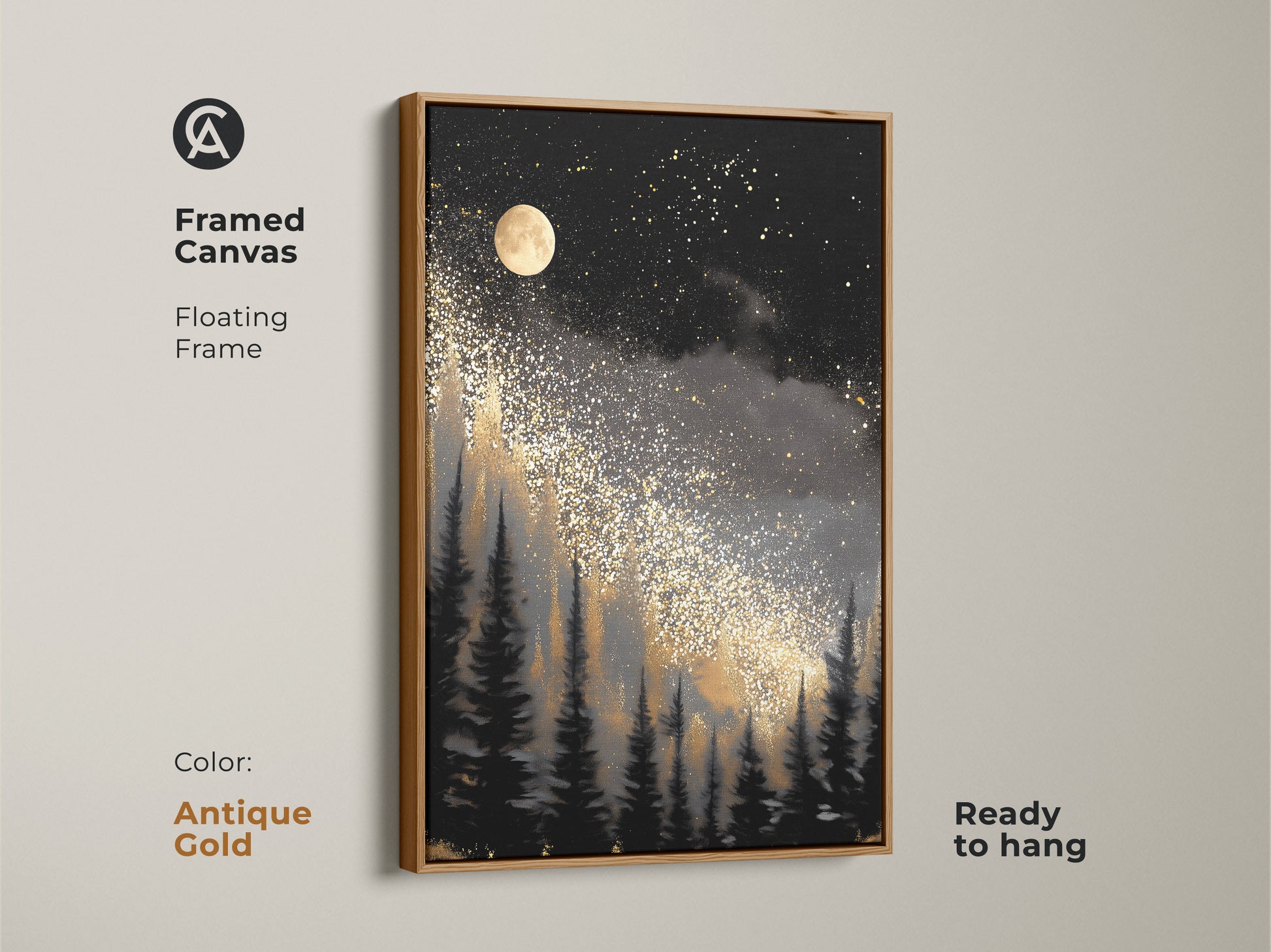 Admire the framed canvas displaying abstract moon art with an antique gold floating frame. The grey abstract canvas offers a luxury wall decor option. This unique stargazing gift idea is ready to hang.