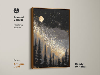 Admire the framed canvas displaying abstract moon art with an antique gold floating frame. The grey abstract canvas offers a luxury wall decor option. This unique stargazing gift idea is ready to hang.