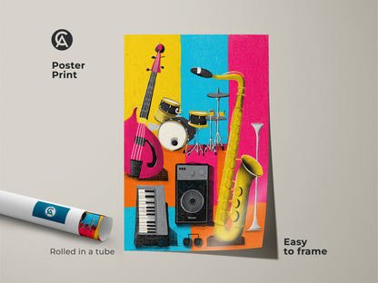 Poster print of musical instruments. This colorful art features a guitar drums keyboard and saxophone. Easy to frame for home or studio decor. Rolled in a protective tube.