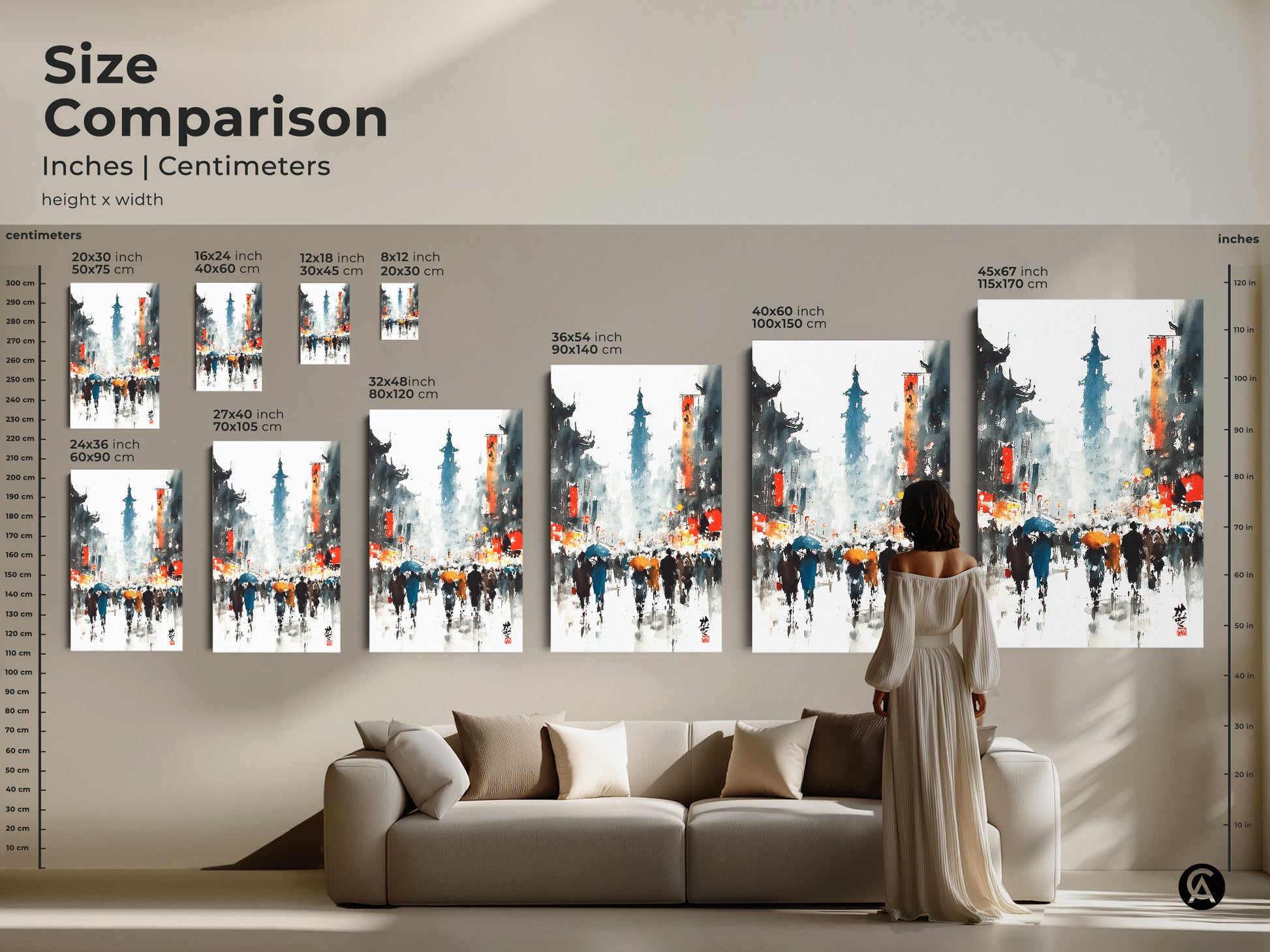 Compare artwork sizes in inches and centimeters. This Asian cityscape art is available in multiple dimensions. Perfect for any space from small apartments to large living rooms.