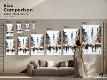 Compare artwork sizes in inches and centimeters. This Asian cityscape art is available in multiple dimensions. Perfect for any space from small apartments to large living rooms.