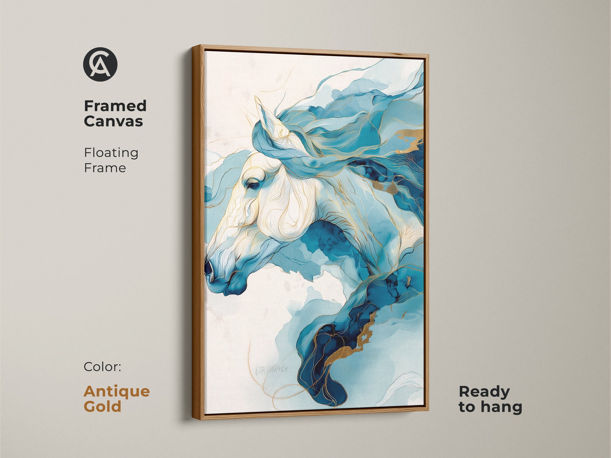 Framed canvas with an antique gold floating frame. This blue and gold abstract horse art is ready to hang. A sophisticated equine artwork for modern home decor. It makes a unique gift for horse lovers.