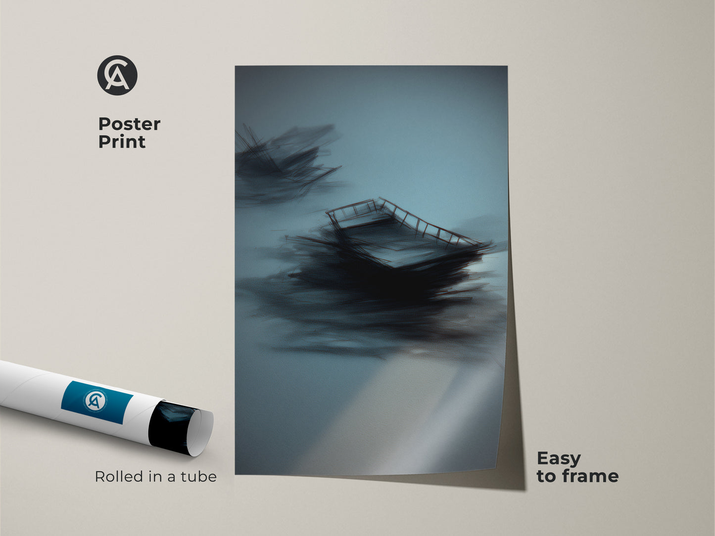 Teal abstract sailboat canvas art. The minimalist nautical poster print is easy to frame. Rolled in a tube for protection. A modern coastal artwork. Perfect for adding a calm blue touch to any room.