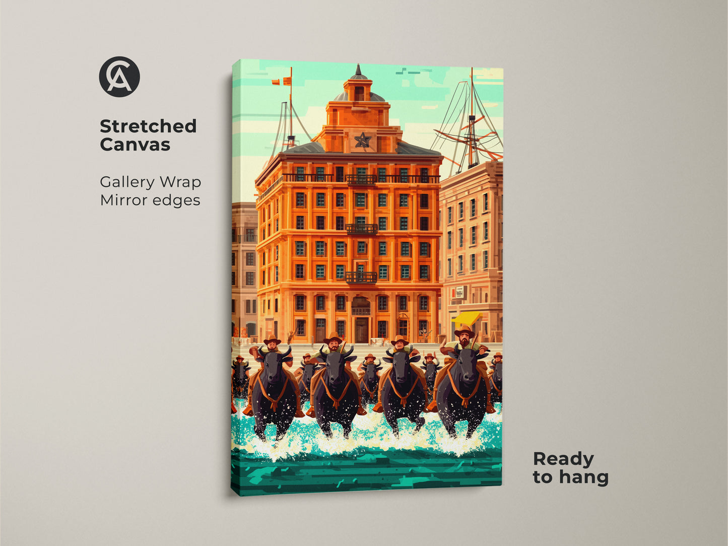 Stretched canvas bull rider artwork. A retro futurism urban scene with an orange building. Ready to hang this eclectic housewarming gift adds a vintage touch to any collector's space.
