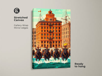 Stretched canvas bull rider artwork. A retro futurism urban scene with an orange building. Ready to hang this eclectic housewarming gift adds a vintage touch to any collector's space.