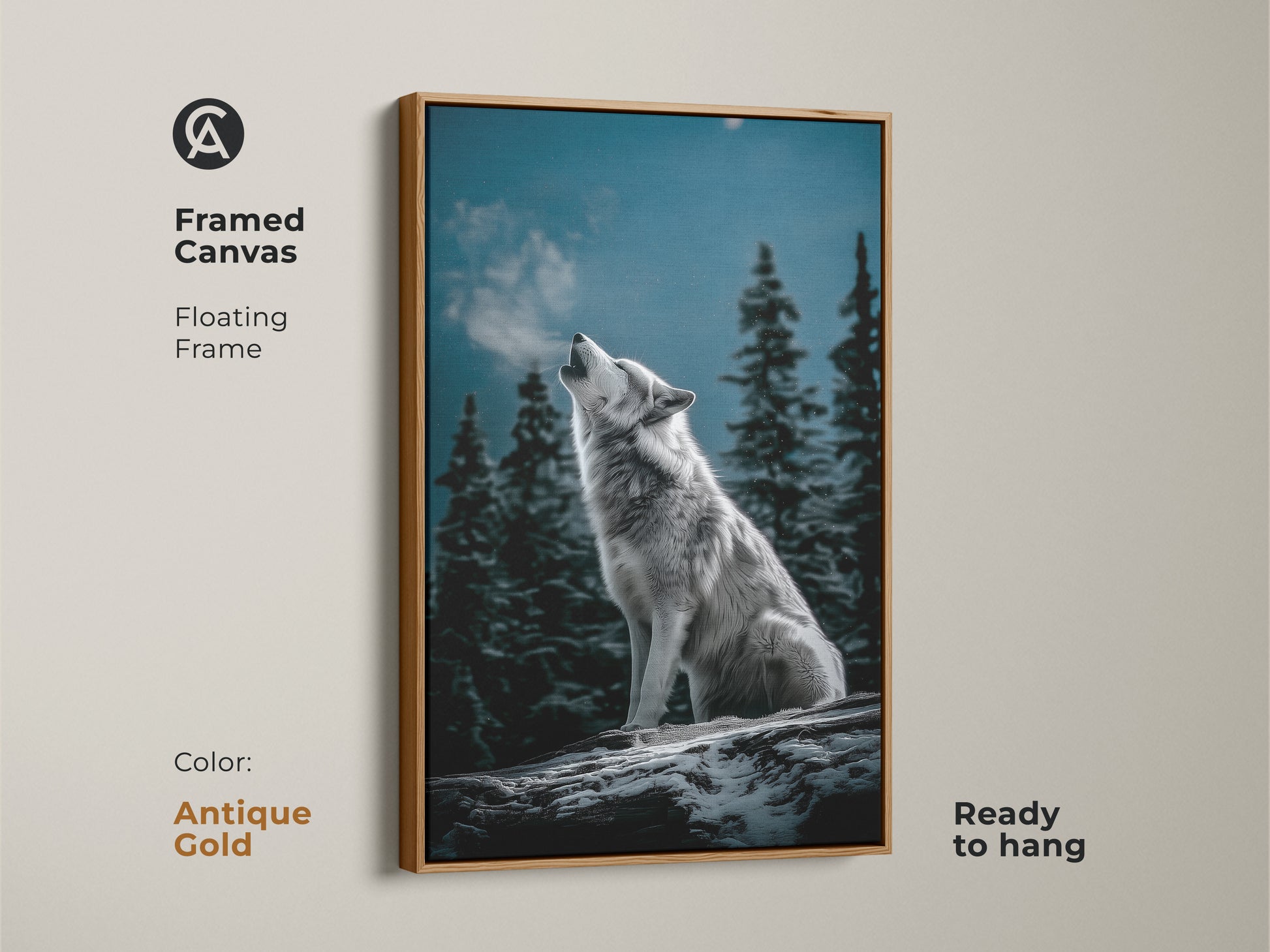 Framed canvas with an antique gold floating frame showing a wolf howling. Bring the rustic charm of a winter forest into your home. This gray blue nature decor is ready to hang. Ideal for cabin living room art. A stunning piece of moonlit wolf artwork.