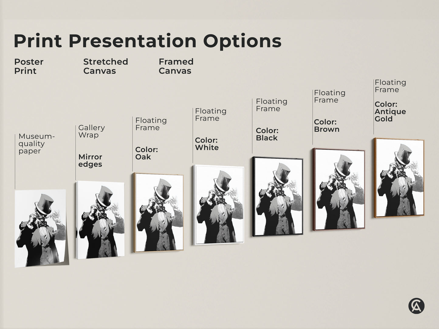 Explore print presentation options for art deco gentleman artwork. Choose from poster print stretched canvas or framed canvas. Museum-quality edges and various floating frame colors are available. Colors: Oak White Black Brown Antique Gold. Monochrome character painting.