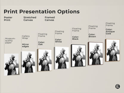 Explore print presentation options for art deco gentleman artwork. Choose from poster print stretched canvas or framed canvas. Museum-quality edges and various floating frame colors are available. Colors: Oak White Black Brown Antique Gold. Monochrome character painting.