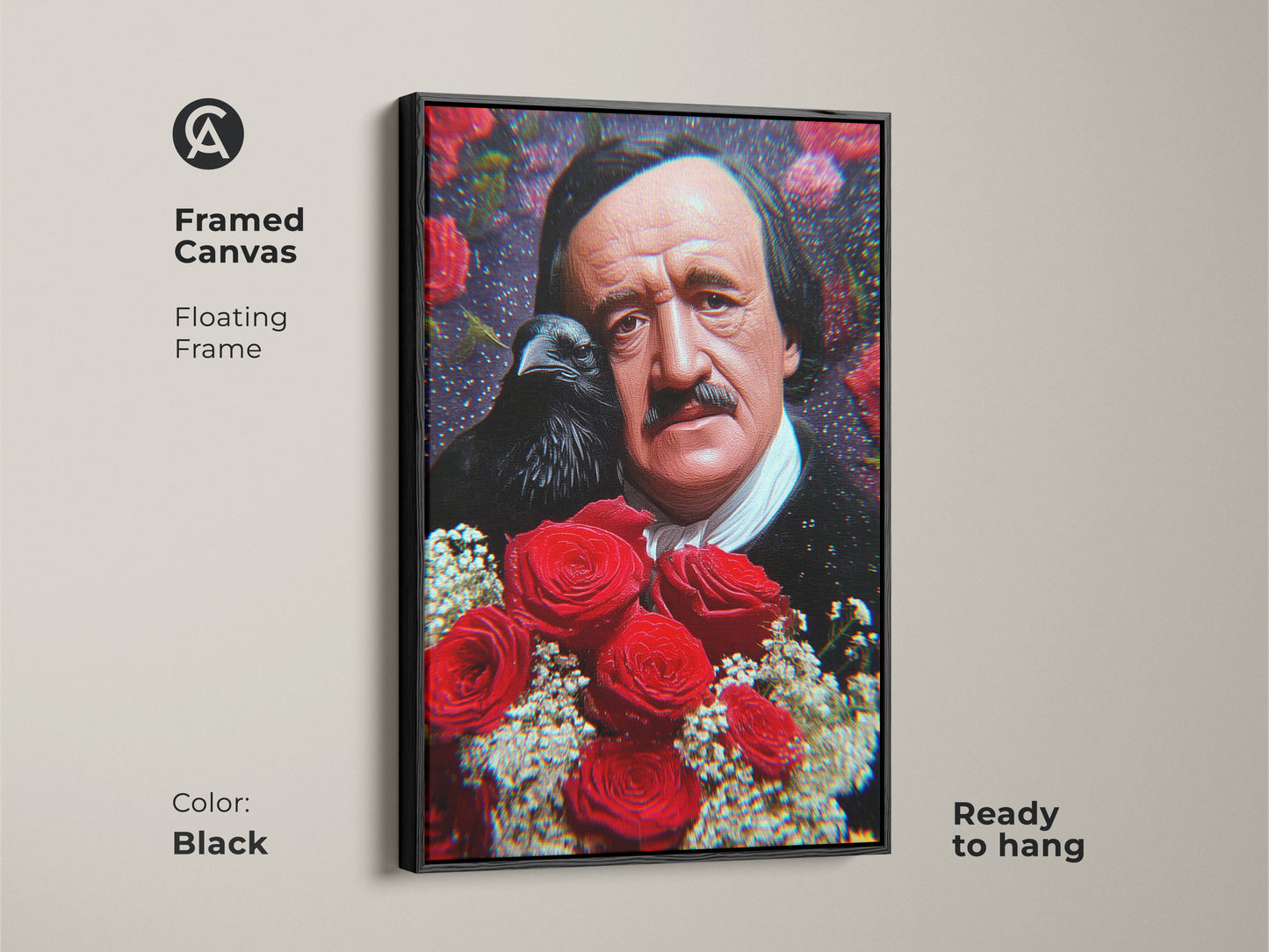 Framed Canvas with a floating black frame. Displaying Edgar Allan Poe raven and roses art. This ready to hang literary artwork is perfect for gothic style home decor and book lovers.