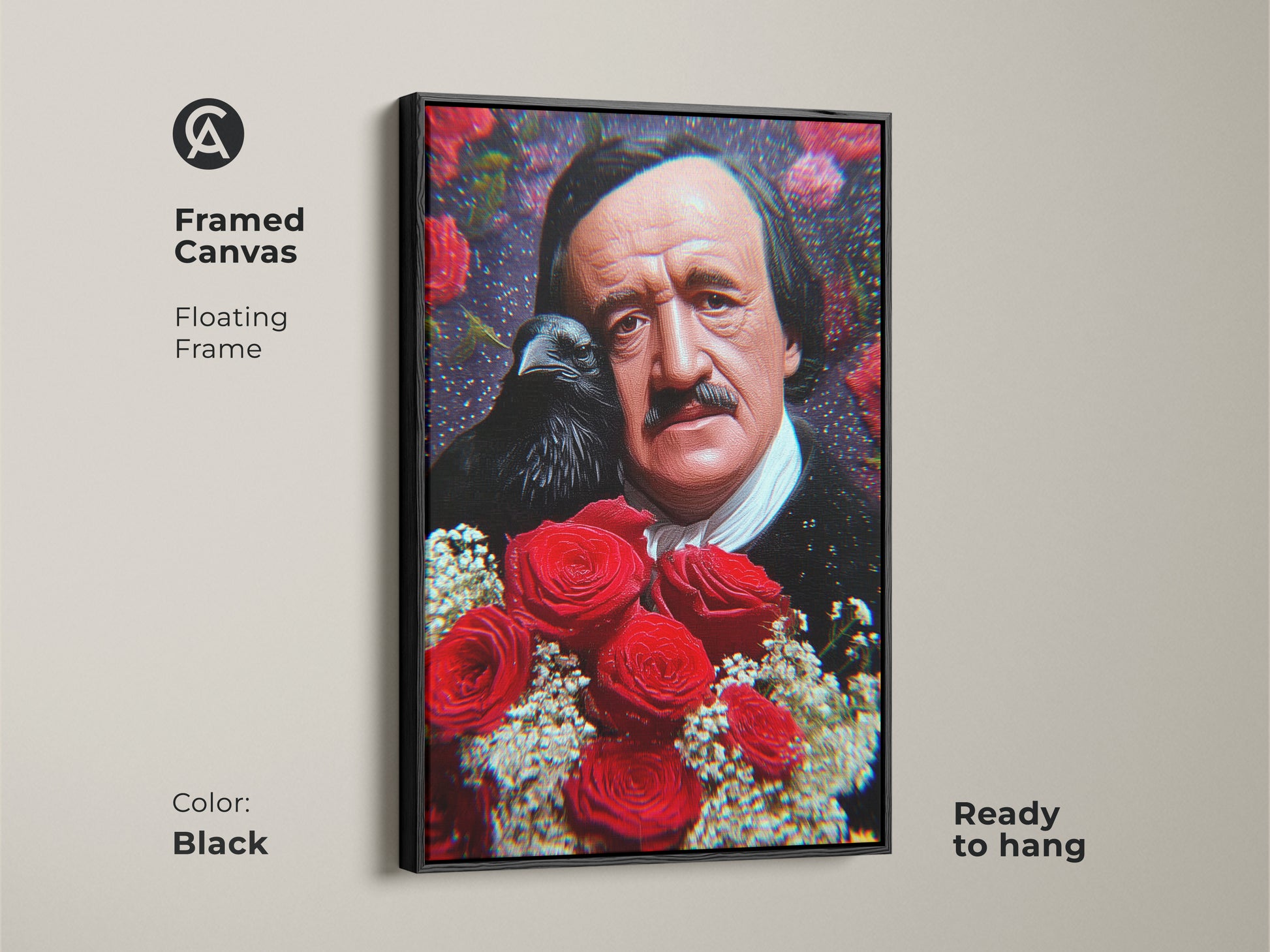 Framed Canvas with a floating black frame. Displaying Edgar Allan Poe raven and roses art. This ready to hang literary artwork is perfect for gothic style home decor and book lovers.