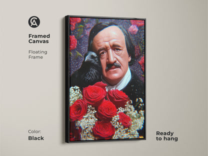 Framed Canvas with a floating black frame. Displaying Edgar Allan Poe raven and roses art. This ready to hang literary artwork is perfect for gothic style home decor and book lovers.