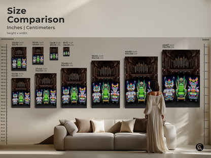 Size comparison of neon pink and electric blue fantasy chairs art print. Various dimensions in inches and centimeters are displayed. Perfect for a unique pop culture decor piece. Find the ideal size for your eclectic entertainment room decor.
