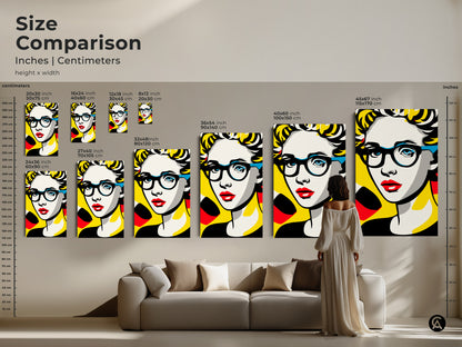Size comparison of pop art portrait prints on a wall. Artwork is available in a range of sizes. Visualize the impact of each size on your living space. Choose from canvas or poster prints.