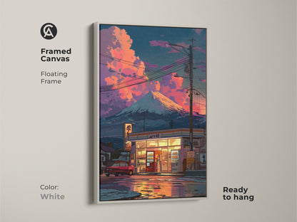 White framed canvas print featuring retro anime wall art. The Japanese convenience store and Mt Fuji create a stunning view. This travel landscape poster is bedroom aesthetic decor. It is ready to hang with a floating frame. A unique art print gift for anime lovers.