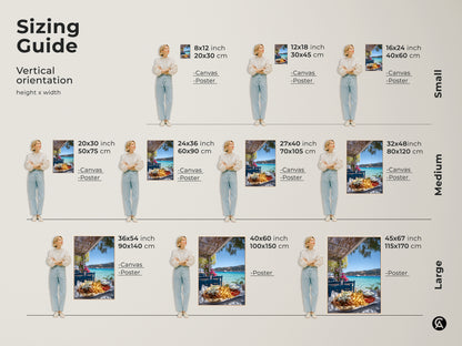 Sizing guide for the vertical orientation greek gyros platter artwork. Available in small medium and large sizes. The canvas and poster prints are perfect for any space. Find the ideal size for your coastal summer vacation decor. This travel inspired food art makes a great gift.