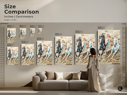 Size comparison of the three horses artwork in inches and centimeters. See how the canvas print looks above a couch to find your perfect size for this spiritual animal art.