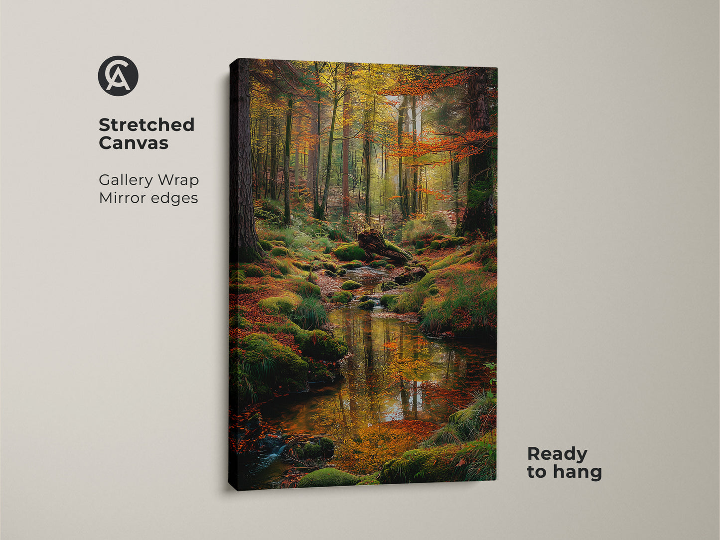 Stretched canvas art featuring a tranquil forest stream. Gallery wrapped with mirrored edges this piece is ready to hang. The vibrant colors and detailed scene bring nature's beauty indoors. Ideal for enhancing any room.
