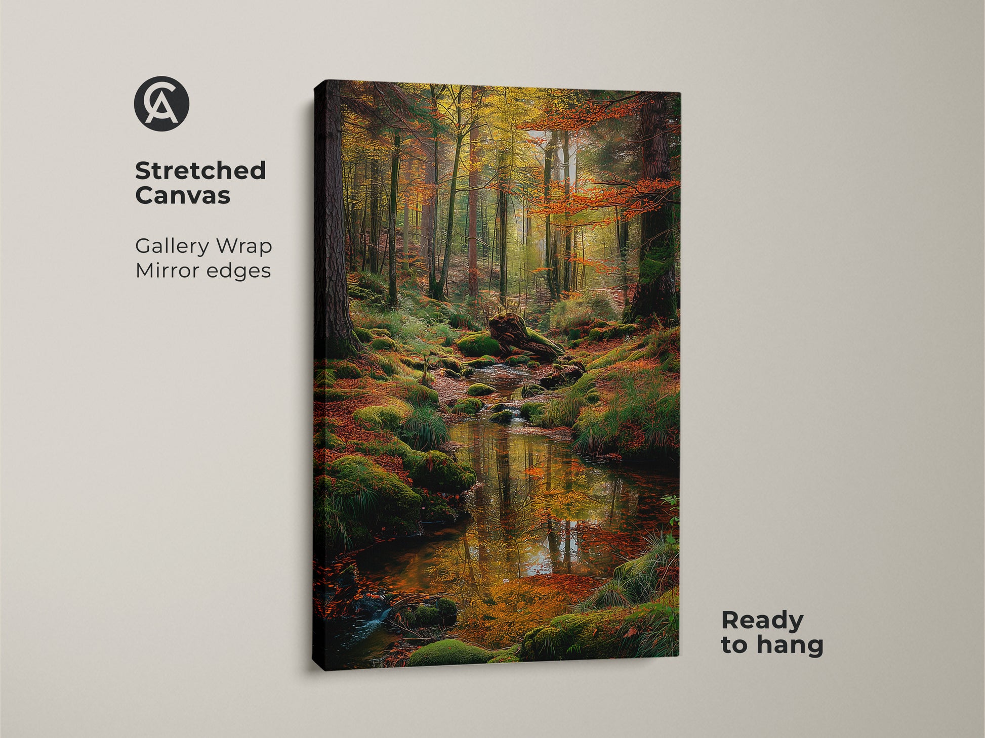 Stretched canvas art featuring a tranquil forest stream. Gallery wrapped with mirrored edges this piece is ready to hang. The vibrant colors and detailed scene bring nature's beauty indoors. Ideal for enhancing any room.