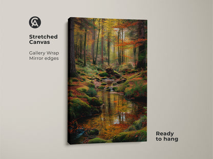 Stretched canvas art featuring a tranquil forest stream. Gallery wrapped with mirrored edges this piece is ready to hang. The vibrant colors and detailed scene bring nature's beauty indoors. Ideal for enhancing any room.