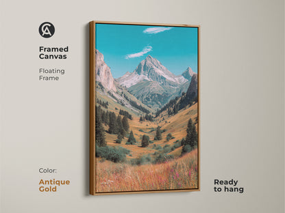 Framed canvas art of a mountain valley with an antique gold floating frame. The ready to hang artwork adds a touch of elegance to your decor. Enjoy the beauty of nature with this landscape art.
