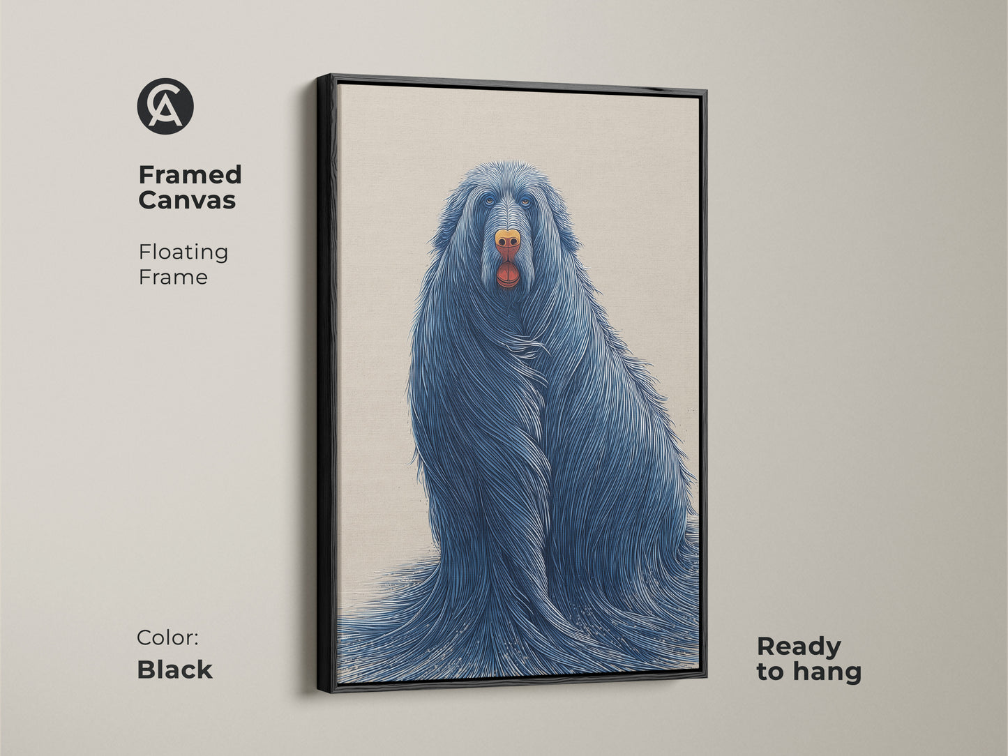 Black framed canvas showcases surreal blue dog artwork. Ready to hang abstract animal wall art adds elegance. This canine art print is perfect for modern home decor.