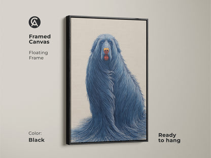 Black framed canvas showcases surreal blue dog artwork. Ready to hang abstract animal wall art adds elegance. This canine art print is perfect for modern home decor.