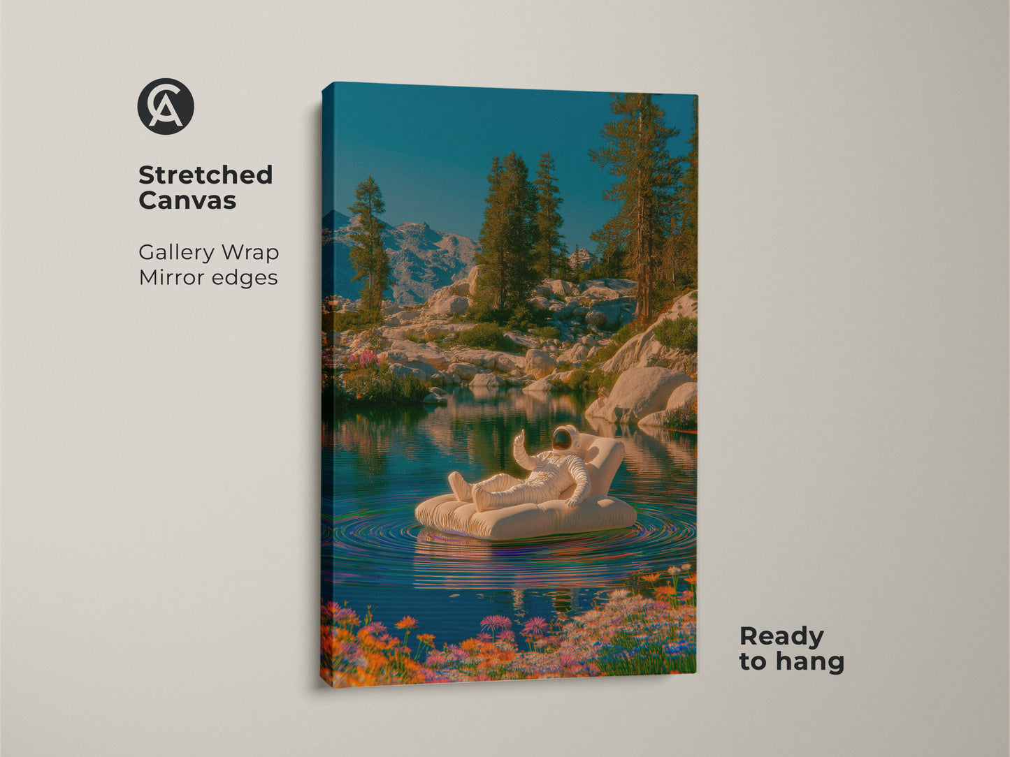 This surreal mountain lake canvas features an astronaut floating. The blue green teal nature wall art has a contemporary space aesthetic. This framed canvas has a white floating frame. This modern surrealism wall art is ready to hang. It makes a unique gift for a space lover.