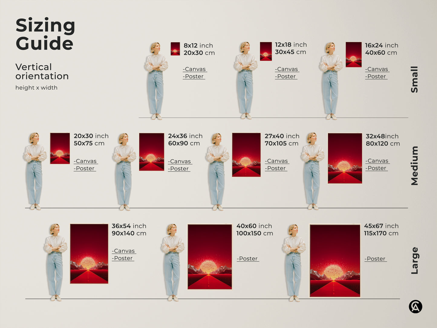 Sizing guide showing the crimson road wall art in various vertical sizes. Each size is shown with a model. The surreal mountain canvas suits any space. Sizes range from small to large. Perfect gold abstract landscape for contemporary entryway decor. Find your ideal fit today.