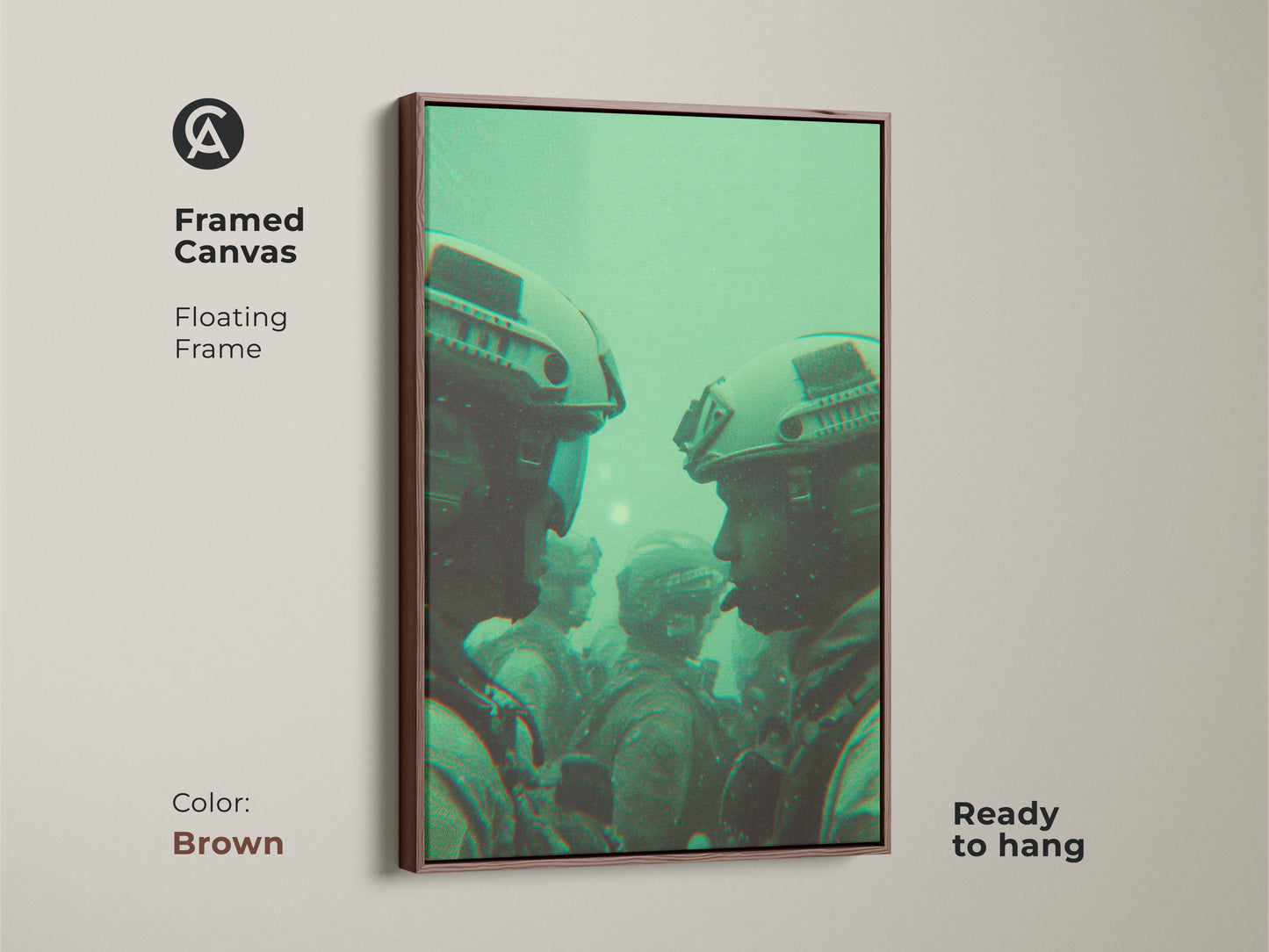 Framed canvas artwork of soldiers wearing helmets in brown floating frame. The green toned military art is ready to hang. Elevate your home decor with this unique piece. Shop framed art today