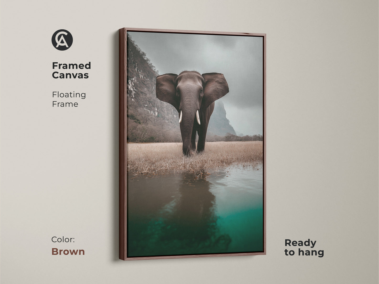 Framed canvas featuring an elephant in a wildlife savanna landscape is ready to hang. Brown floating frame enhances the photorealistic animal artwork. Perfect for eclectic home decor. This animal print adds a touch of nature-inspired charm to any room. Great housewarming gift for animal lovers.