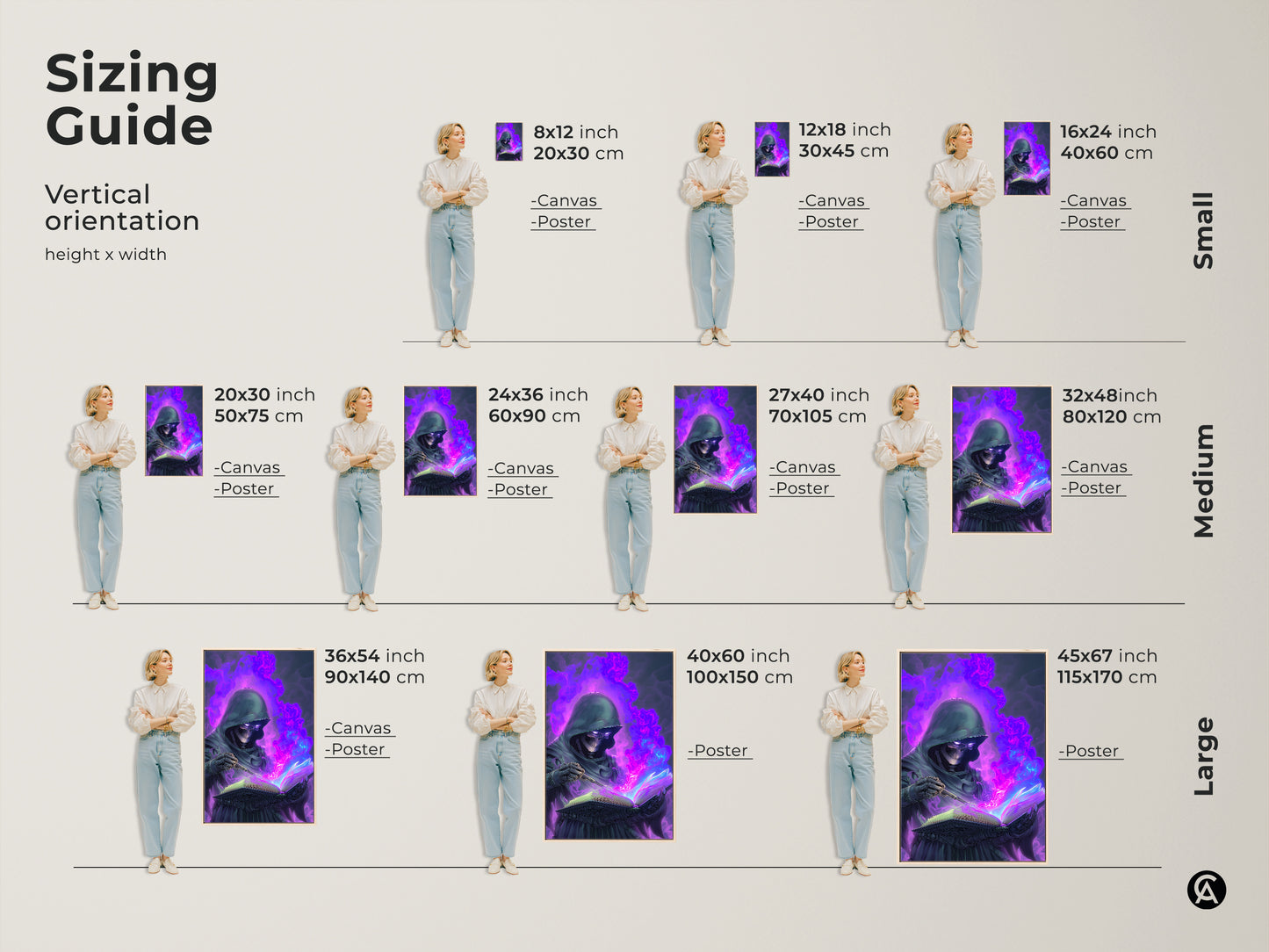 Sizing Guide for vertical orientation. It shows height and width. Sizes include small medium and large. Canvas and poster options are available. Perfect for any study room office or fantasy gaming room.