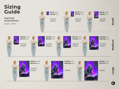 Sizing Guide for vertical orientation. It shows height and width. Sizes include small medium and large. Canvas and poster options are available. Perfect for any study room office or fantasy gaming room.