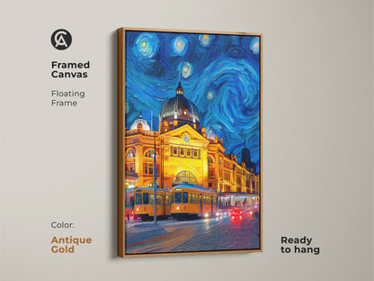 Framed canvas artwork of Flinders Street Station in Melbourne with an antique gold floating frame. The artwork is in a Starry Night style. The canvas is ready to hang. This artwork would be a great addition to any room.