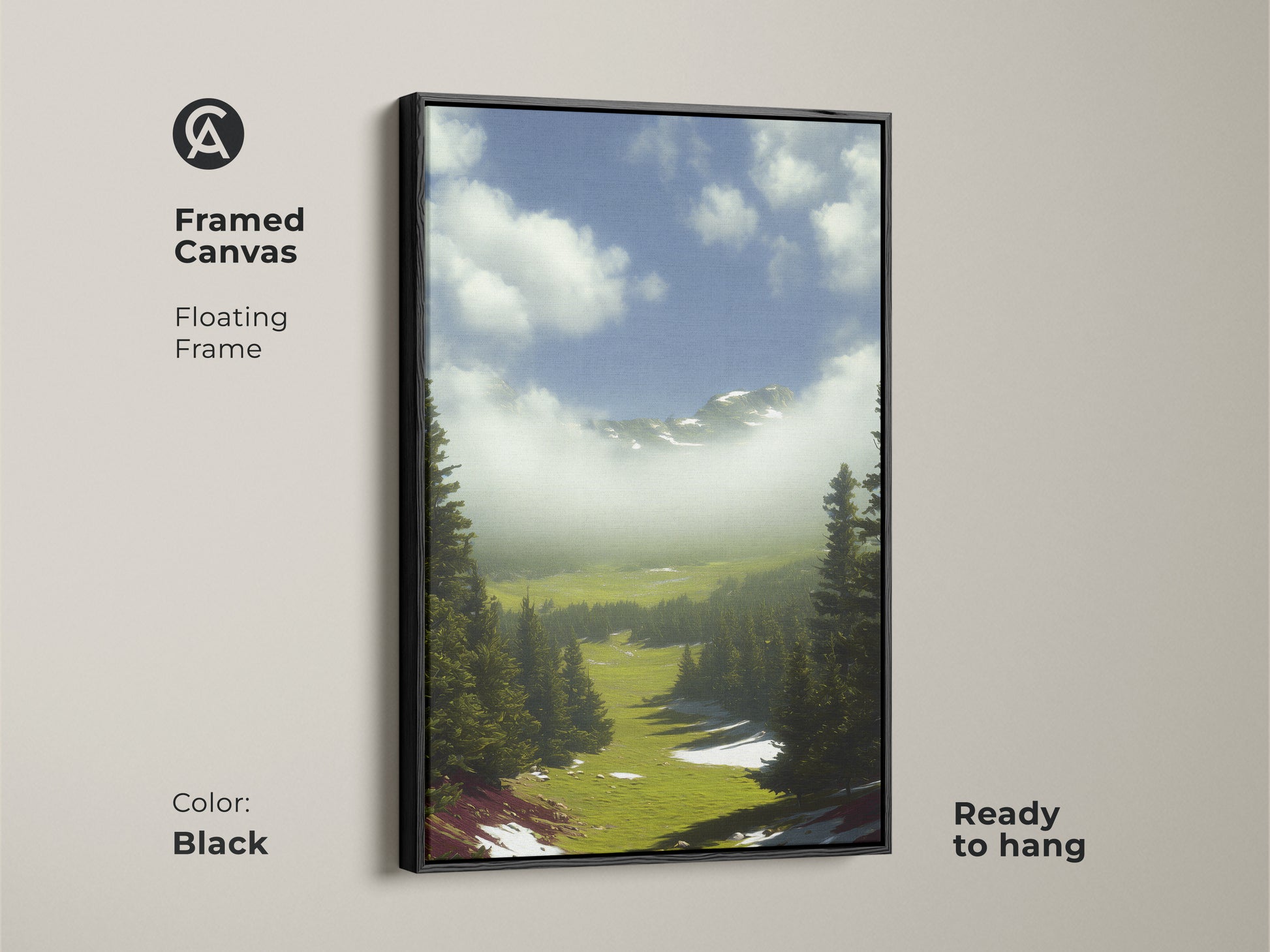 Framed canvas in black color featuring a mountain view canvas artwork. The floating frame showcases a scenic forest print that is ready to hang. This is great as nature wall decor for living room.