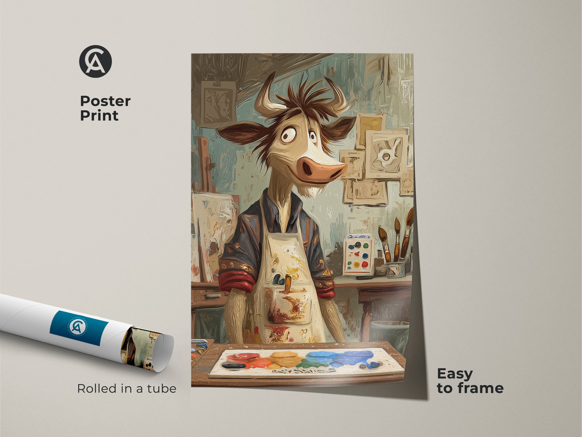 Cartoon cow artist print rolled in a tube. This poster print is easy to frame. It features funny animal art perfect for an art studio. The expressive artwork shows a cow painter with a palette. Beige and brown tones complement eclectic decor. A humorous and artistic addition to any room.