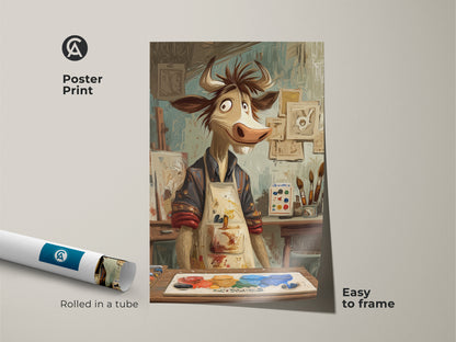 Cartoon cow artist print rolled in a tube. This poster print is easy to frame. It features funny animal art perfect for an art studio. The expressive artwork shows a cow painter with a palette. Beige and brown tones complement eclectic decor. A humorous and artistic addition to any room.