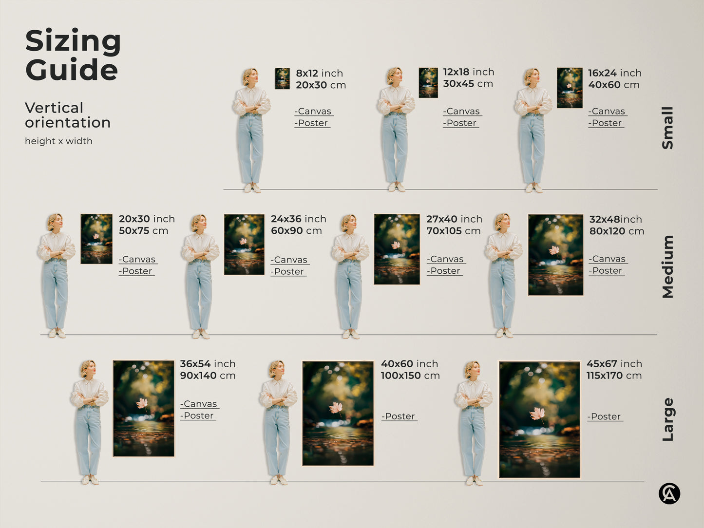 Find the perfect size for your space with our vertical orientation sizing guide. Featuring a serene leaf scene this artwork is available in various dimensions. From small to large discover the ideal fit for your home. Shop our art prints and canvas options.
